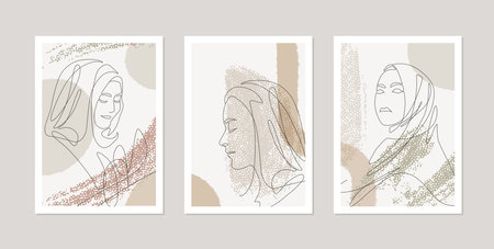 Muslim Women in Hijab, Wall Art, Card set or Posters with abstract Islamic female portraits, Line Art Illustration. Blush pinkのイラスト素材
