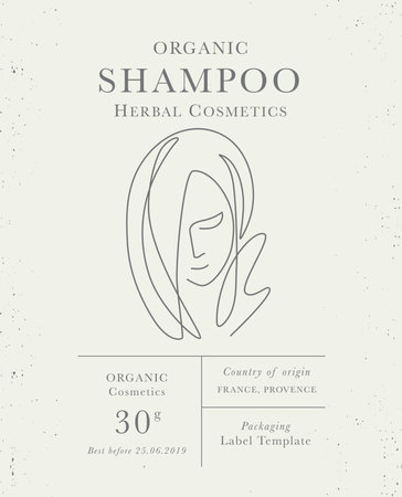 Customizable label of Shampoo, organic herbal woman cosmetics with face line art. Modern packaging design collection for Pharmacy, healthy careのイラスト素材