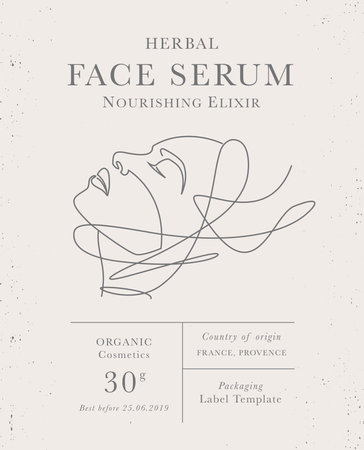 Customizable label of Face Cream, organic herbal woman cosmetics with face line art. Modern packaging design collection for Pharmacy, healthy careのイラスト素材