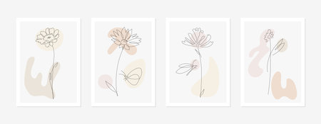 Butterfly and Flowers Wall Art, Line Art Contemporary Minimalist Collection. Thin line Nature design set. Vector illustrationのイラスト素材
