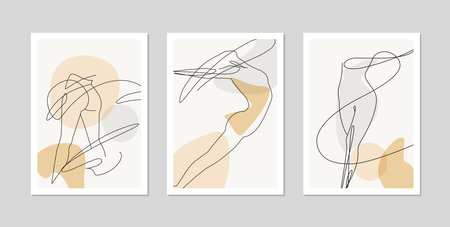 Elegant line art of erotic woman figures and abstract shapes. Contemporary poster design of female silhouettes in trendy style for wall decoration, postcard or brochure cover design.のイラスト素材