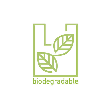 Plastic bag with green leaf icon. Biodegradable, compostable and bio plastic. Eco friendly material production. Nature protection concept. Vector Illustration, editable strokesのイラスト素材