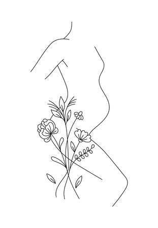 Pregnant woman decorated with flowers, Editable lines, medicine flowers and herbal cosmetics, hand drawn line artのイラスト素材