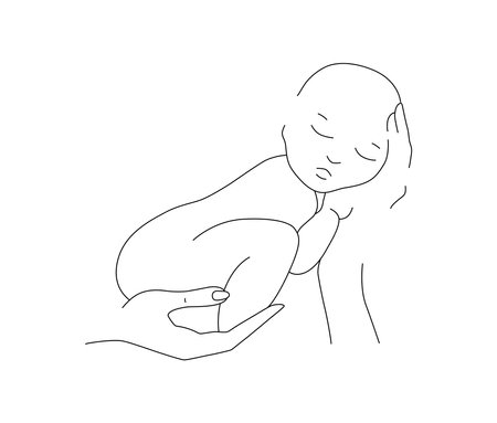 Newborn baby, linear black and white illustration, hand drawn line art, editable strokesのイラスト素材