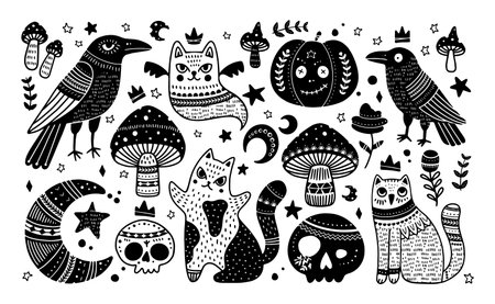 Happy Halloween Cute Illustrations and Design Elements. Set in Scandinavian black white style with pumpkin, dead cat, raven, mushroom, skull, moonのイラスト素材