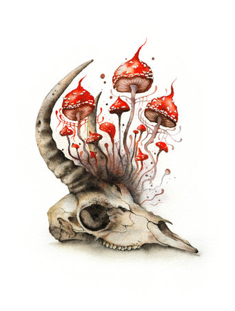 Watercolor Boho Goat Skull decorated with Mushrooms, red fly agaric growing from the animalの写真素材
