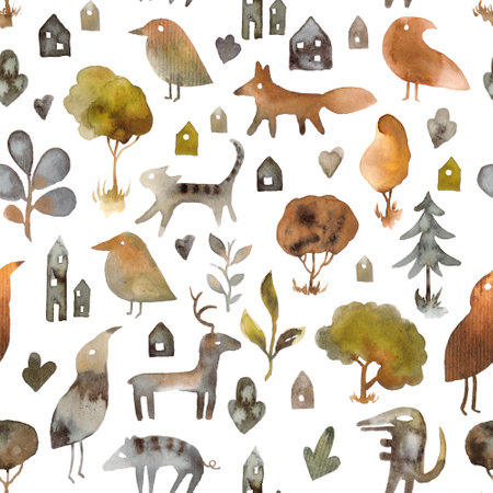 Woodland Animals watercolor forest green seamless pattern. Baby illustrationの写真素材