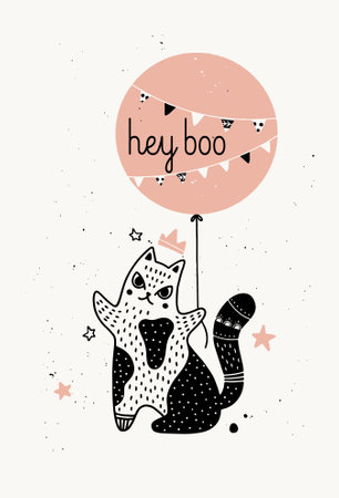 Party Halloween postcard with a cute cat and balloon. Hey Boo funny folk style in black and pink colors. Vector illustrationのイラスト素材