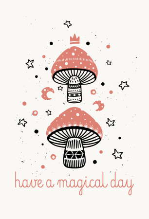 Party Halloween postcard with fly agaric mushrooms with Have a magical day message, funny folk style in black and red colors. Vector illustrationのイラスト素材