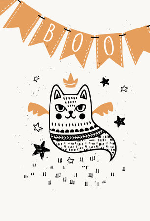 Party Halloween postcard with flying ghost of the dead cat, funny folk style in black and orange colors. Vector illustrationのイラスト素材