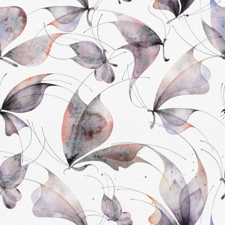 Watercolor butterfly seamless pattern. Abstract ethereal print with red purple butterflies, black lines on white background. Hand-drawn illustration. High quality illustrationの写真素材