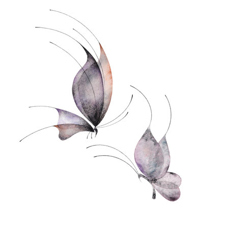 Watercolor butterfly isolated on white. Abstract ethereal hand-drawn illustration blue purple insect. High-quality illustrationの写真素材