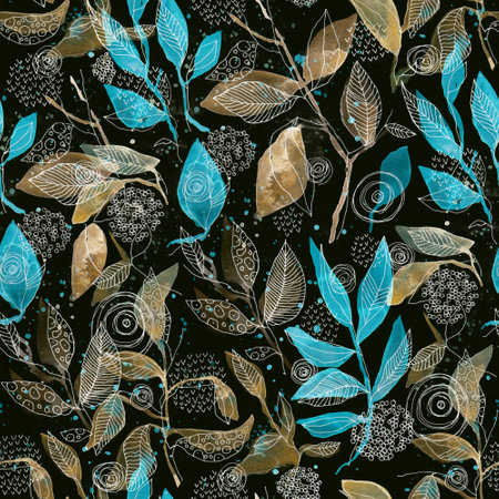Abstract Hand Drawn Yellow Gold and Blue Botanical Seamless Pattern with Leaves and Textures on Black Backgroundの写真素材