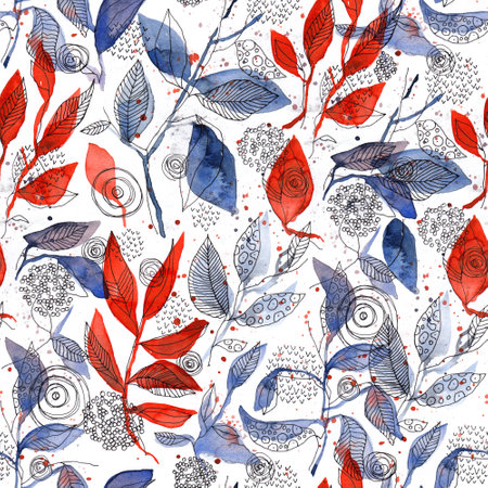 Red and Blue Botanical Watercolor Leaves Seamless Pattern. Hand Drawn Floral Nature Designの写真素材