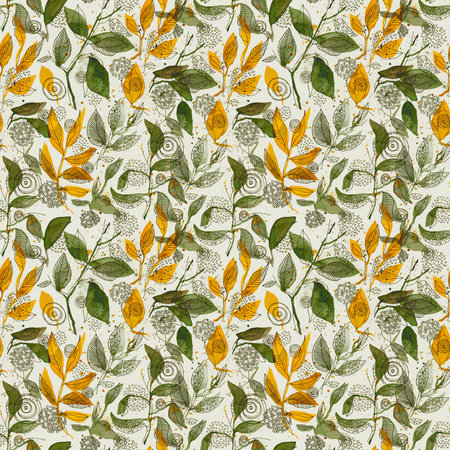 Watercolor Green and Yellow Botanical Seamless Pattern. Hand Drawn Autumn Foliage Illustrationの写真素材