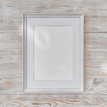 White photo frame A4 size with White Photo Mat, vertical artwork on a wooden wall, front view mockupの写真素材