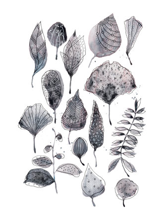 Set of Dark Blue and Pink Watercolor Leaves, Floral Pattern For Wall Art, Botanical Decor for Homeの写真素材