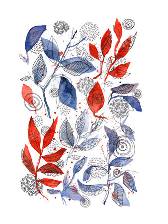 Red and Blue Botanical Watercolor LeavesWall Art Print. Hand Drawn Floral Nature Designの写真素材