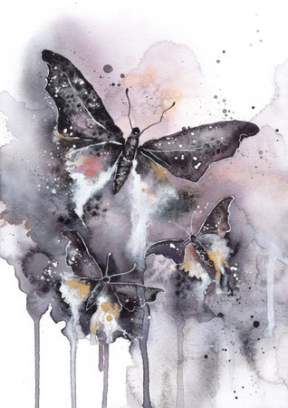 Dark Abstract butterfly wall art illustration. Magic black moths. Esoteric black butterflies on dark night background.の写真素材
