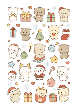 Cute Christmas Cats, Collection of Pastel Kawaii Kittens and Xmas design elements, Winter Sticker Set and Clip artの写真素材