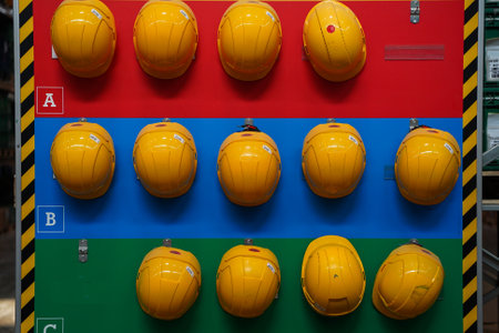 Yellow Helmets Hanging at the Factoryの写真素材