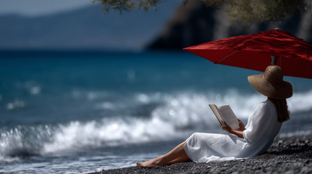 woman reading under a red umbrella on a rocky beach with ocean waves in the background on a sunny dayの素材