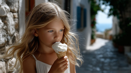 a blonde girl enjoys ice cream on a sunny day, with stone walls and a glimpse of the sea in the backgroundの素材
