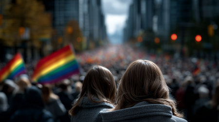a rear view of a crowd at a pride parade with rainbow flags and tall buildings in the background sceneの素材