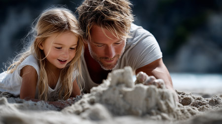 a father and daughter are on the beach building a sandcastle together enjoying their summer vacation timeの素材