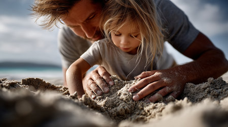 a father and daughter are playing in the sand together near the ocean on a bright and sunny day outsideの素材