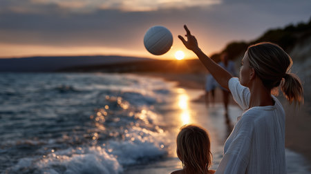 a woman and child enjoy a beach volleyball game during a beautiful sunset at the golden hour time.の素材