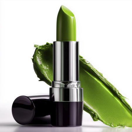 a close up shot of a green lipstick with a smear of matching color on a white background in studio lightingの素材