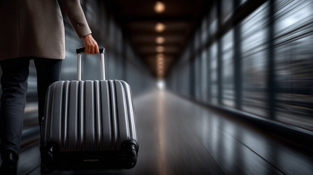 a person is walking with a suitcase in a long hallway with windows and lights in the background.の素材