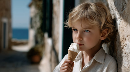 a blonde haired boy enjoys an ice cream cone while standing near a stone wall on a sunny summer dayの素材