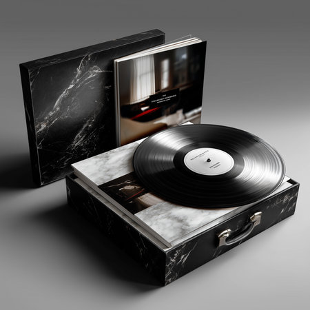a vinyl record album with a marble case and book resting on a gray background in studio lighting setupの素材