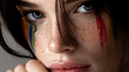 a close up of a woman's face with colorful paint streaks under her eyes, showing beauty and creativityの素材