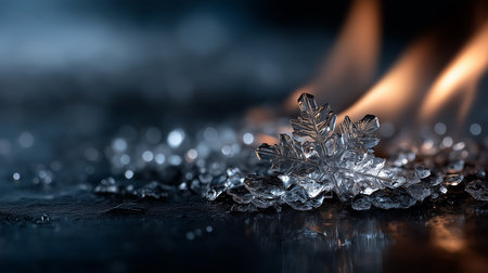 a macro shot of a snowflake with warm light behind it, set against a dark and slightly blurred backgroundの素材