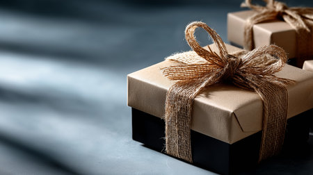 two gifts wrapped in brown paper and tied with twine sit on a gray surface in soft light close up shotの素材
