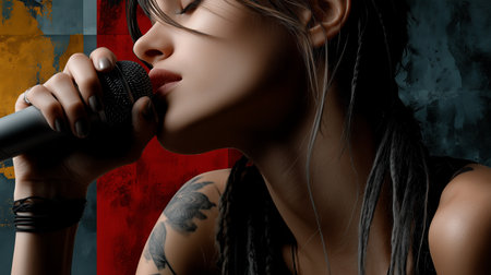 a woman is singing into a microphone with a tattoo on her shoulder and braided hair in a close up shotの素材