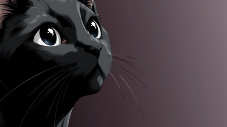 a close up of a black cat with white whiskers looking up against a purple and gray background spaceの素材