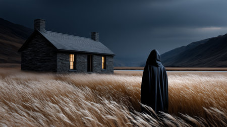a cloaked figure stands in a field near a stone house under a dark sky, creating an ominous sceneの素材