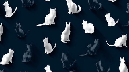 a repeating pattern of white and shadowed cat figurines set against a dark blue colored background.の素材