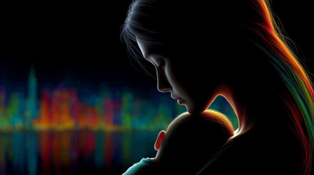 a silhouette of a mother holding her baby with a colorful city skyline in the background at nighttimeの素材