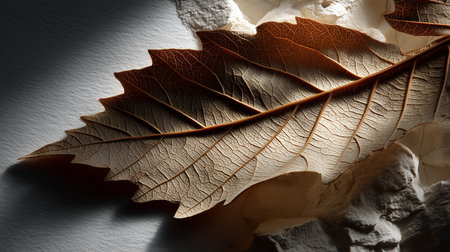 a detailed close up shot of a dry leaf displaying its intricate veins and rough texture on a white surfaceの素材