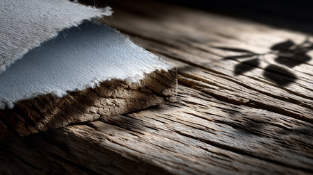 a rustic scene of paper on weathered wood with a plant shadow creating a natural and textured backdropの素材