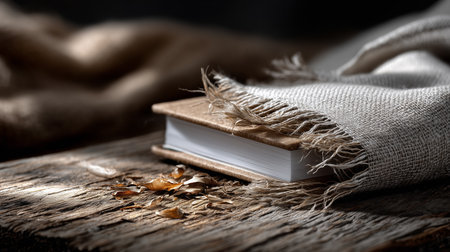 a closed book on a rustic wooden surface, partially covered with a burlap cloth in soft, warm lightingの素材