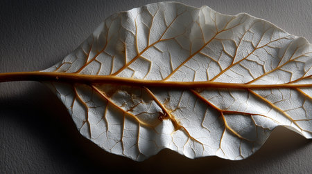 a detailed view of a white leaf with prominent brown veins set against a simple, neutral backdrop.の素材