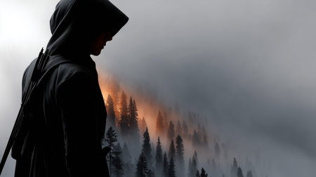 a hooded figure stands before a misty forest landscape, creating a dark and mysterious outdoor sceneryの素材