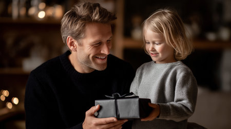 a smiling man and a little girl holding a gift wrapped in black with a ribbon in a cozy roomの素材