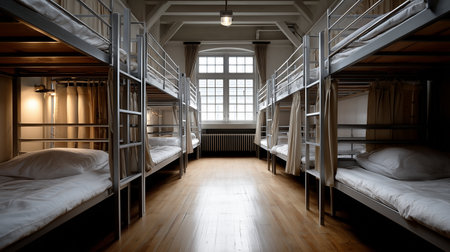 a hostel dorm room featuring bunk beds, a window, and a wood floor, creating a simple, clean interiorの素材